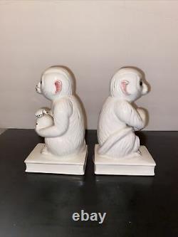 VINTAGE White Ceramic Monkey Bookend by MANN Japan SET
