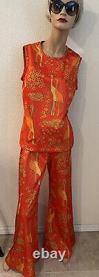 Vintage 70s psychedelic Womens 3 pc set Orange Tank Pants Jacket birds