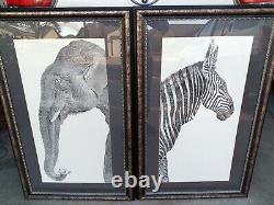 Vintage Bombay Company Large Offset Lithograph Pair X2 Elephant & Zebra Framed