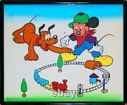 Vintage Disney Art Mickey Mouse Pluto & Train Set 17x14 from Tomioka Silk Mill