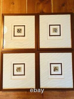 Vintage Framed Signed & Numbered African Animal Painting Set of 4, 12.5 x 13