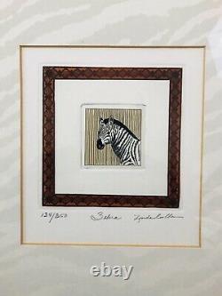 Vintage Framed Signed & Numbered African Animal Painting Set of 4, 12.5 x 13