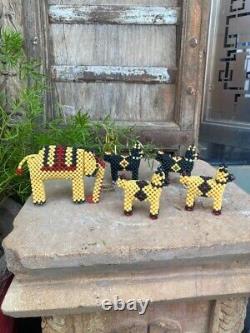 Vintage Handmade Bead Art Animals Beaded Elephant & Horses Figurine Set Of 5