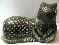 Vintage Mexican Folk Art Burnished Clay Pottery Set Vase Cat X Large Green
