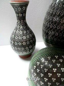 Vintage Mexican Folk Art Burnished Clay Pottery Set Vase Cat X Large Green