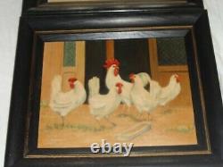 Vintage Old Folk Art Primitive Rooster Chicken Chicks Oil Painting On Board Set