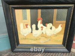 Vintage Old Folk Art Primitive Rooster Chicken Chicks Oil Painting On Board Set