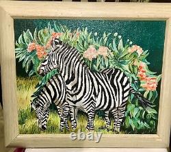 Vintage Original Acrylic Painting of Zebras in the Jungle Signed & Framed