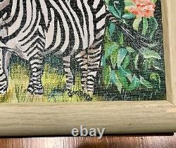 Vintage Original Acrylic Painting of Zebras in the Jungle Signed & Framed