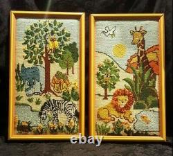 Vintage Set of Yarn Art Framed Pictures Animals & Nature Crewel