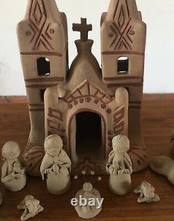 Vintage Tonala Folk Clay Art Pottery Handmade Nativity Set Mexico 15pc Primitive