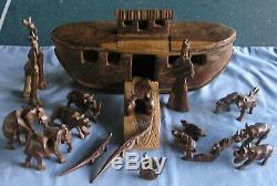 Vintage Wooden Folk Art Hand Carved Noah's Ark Boat Animals Figurines Set