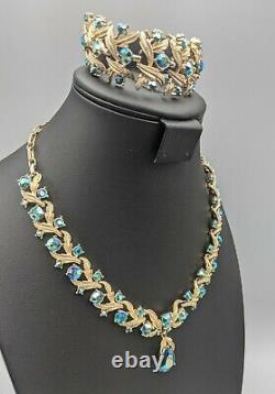 Vtg CORO Demi Parure Blue Aurora Borealis Rhinestone Dangle Necklace Bracelet AB