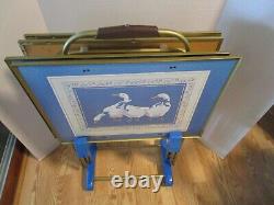 Vtg TV Trays set 5 Pc with stand E. Brownd Blue ribbon Geese Folk Art 1960's
