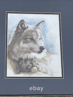 WOLVES Wolf Pair In Love Mama & Baby CHERRY CLANCY Framed Art SET of 2? Ct11j1