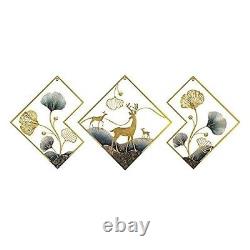 Wall Art Set of 3 Golden Ginkgo Leaves With Deer Wall Hanging Metal