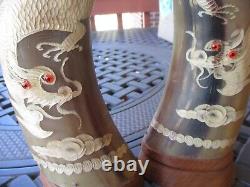 Water Buffalo Horns with Carved Dragon- Set of 2 on Wood Base 12 Tall Thailand