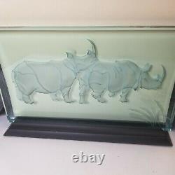 Wendy Saxon Brown Signed Reverse Relief Glass Etched Art Sculpture 2 Piece Set