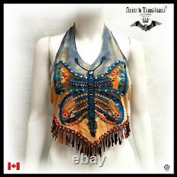 Woman clothing top summer t-shirt handmade luxury high fashion fringe butterfly
