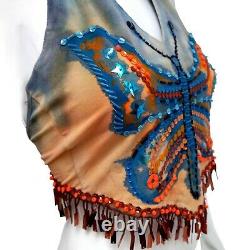 Woman clothing top summer t-shirt handmade luxury high fashion fringe butterfly