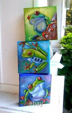 Yvette Andino Art original frog set of 3, gallery wrapped canvas 6x6
